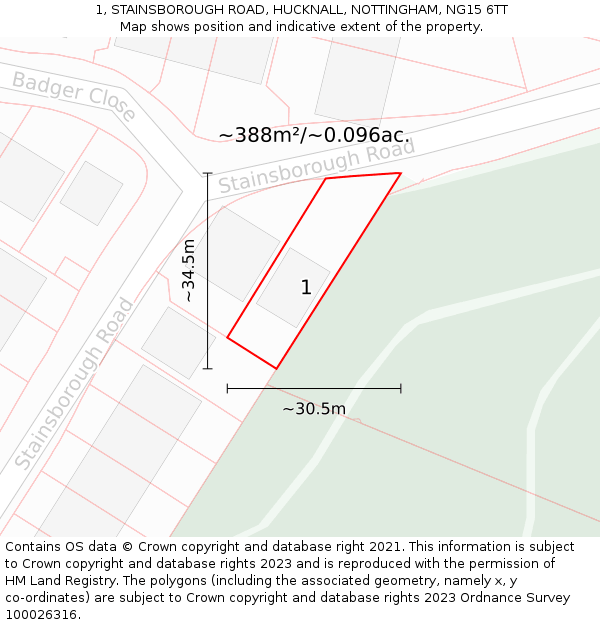 1, STAINSBOROUGH ROAD, HUCKNALL, NOTTINGHAM, NG15 6TT: Plot and title map