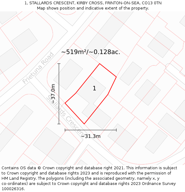 1, STALLARDS CRESCENT, KIRBY CROSS, FRINTON-ON-SEA, CO13 0TN: Plot and title map