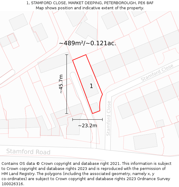 1, STAMFORD CLOSE, MARKET DEEPING, PETERBOROUGH, PE6 8AF: Plot and title map