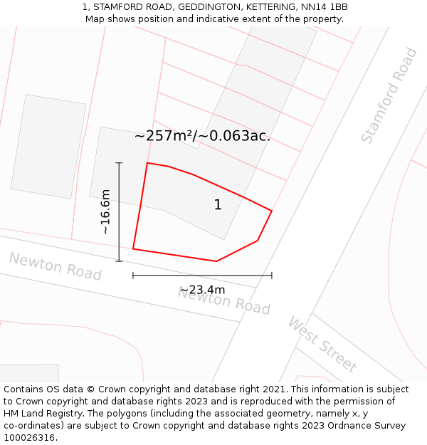 1, STAMFORD ROAD, GEDDINGTON, KETTERING, NN14 1BB: Plot and title map