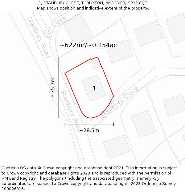 1, STANBURY CLOSE, THRUXTON, ANDOVER, SP11 8QD: Plot and title map