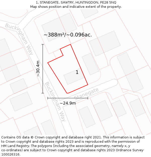 1, STANEGATE, SAWTRY, HUNTINGDON, PE28 5NQ: Plot and title map