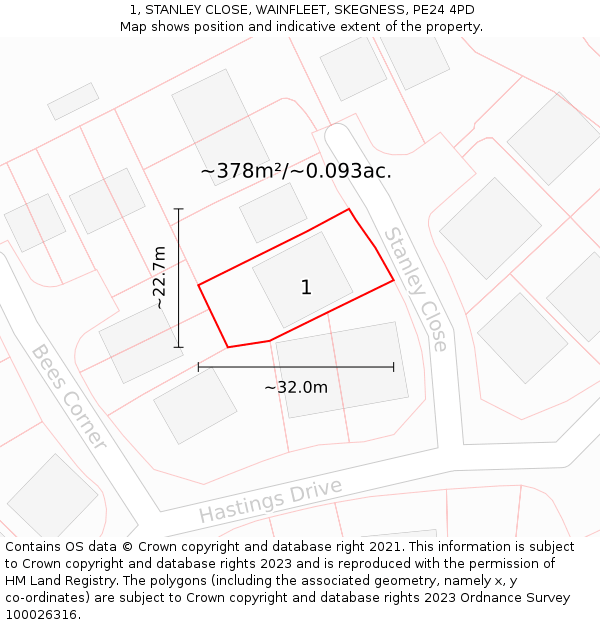 1, STANLEY CLOSE, WAINFLEET, SKEGNESS, PE24 4PD: Plot and title map