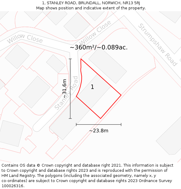 1, STANLEY ROAD, BRUNDALL, NORWICH, NR13 5RJ: Plot and title map