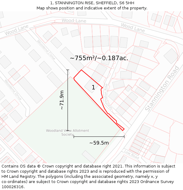 1, STANNINGTON RISE, SHEFFIELD, S6 5HH: Plot and title map
