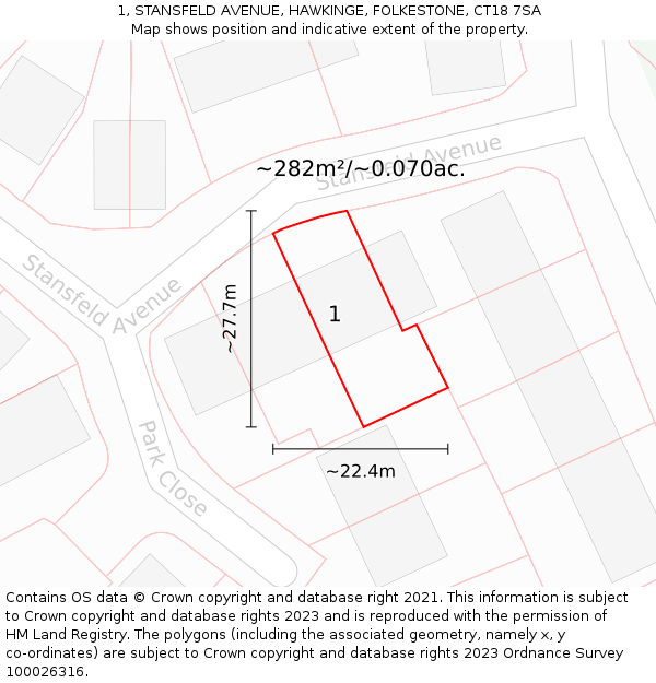 1, STANSFELD AVENUE, HAWKINGE, FOLKESTONE, CT18 7SA: Plot and title map