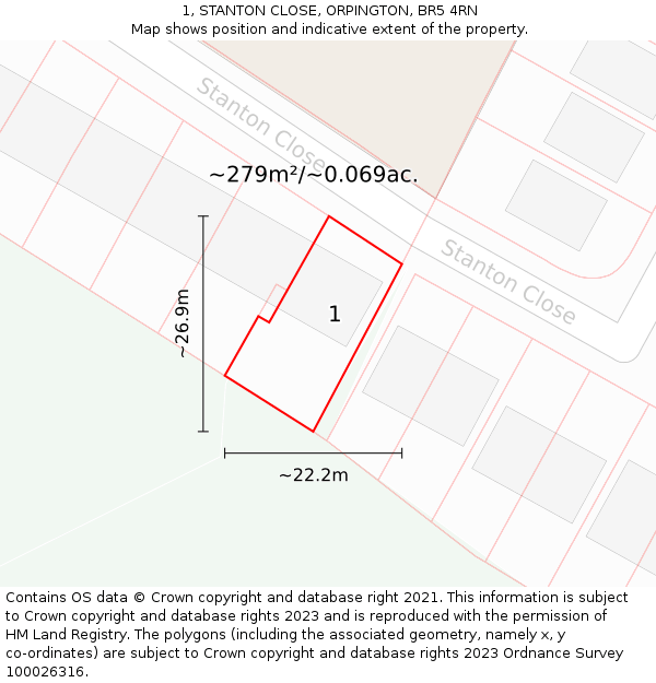 1, STANTON CLOSE, ORPINGTON, BR5 4RN: Plot and title map