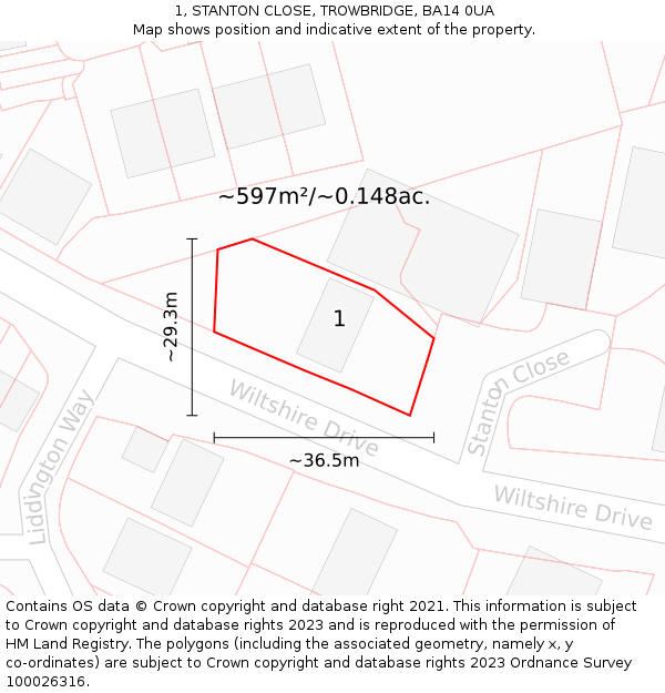1, STANTON CLOSE, TROWBRIDGE, BA14 0UA: Plot and title map