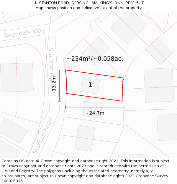 1, STANTON ROAD, DERSINGHAM, KING'S LYNN, PE31 6UT: Plot and title map