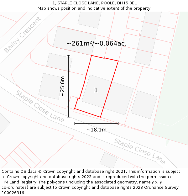 1, STAPLE CLOSE LANE, POOLE, BH15 3EL: Plot and title map
