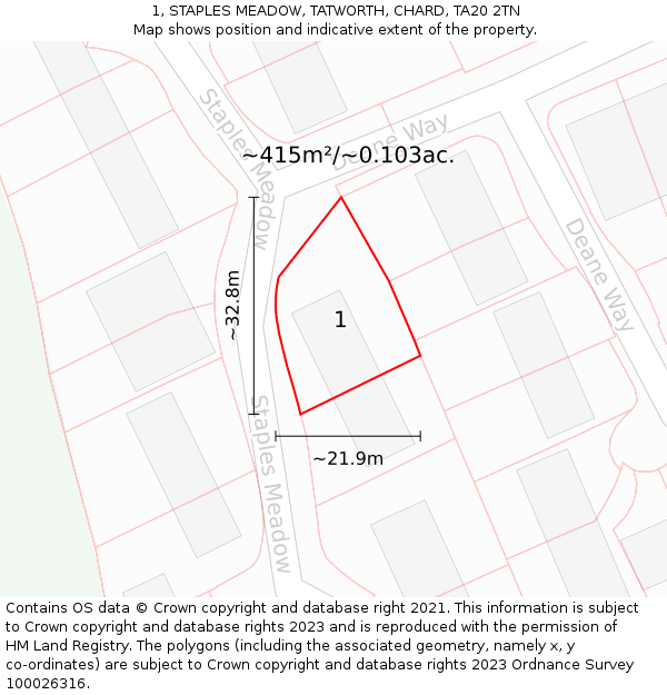 1, STAPLES MEADOW, TATWORTH, CHARD, TA20 2TN: Plot and title map