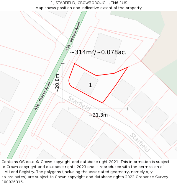 1, STARFIELD, CROWBOROUGH, TN6 1US: Plot and title map