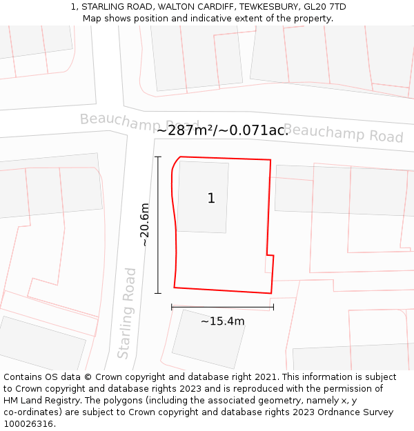 1, STARLING ROAD, WALTON CARDIFF, TEWKESBURY, GL20 7TD: Plot and title map