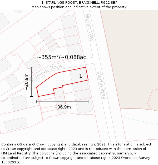 1, STARLINGS ROOST, BRACKNELL, RG12 8BP: Plot and title map