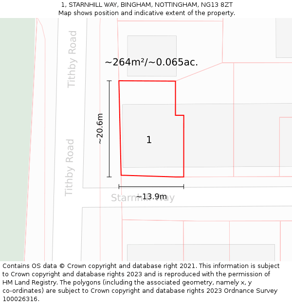 1, STARNHILL WAY, BINGHAM, NOTTINGHAM, NG13 8ZT: Plot and title map