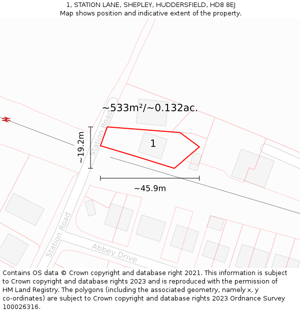 1, STATION LANE, SHEPLEY, HUDDERSFIELD, HD8 8EJ: Plot and title map