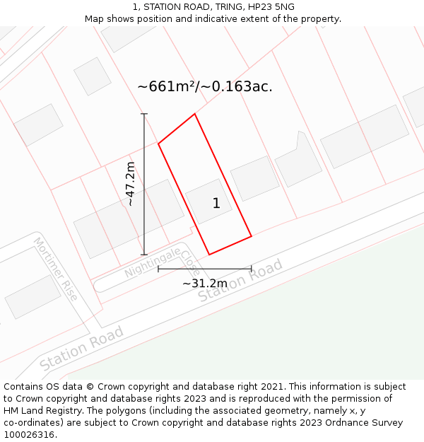 1, STATION ROAD, TRING, HP23 5NG: Plot and title map