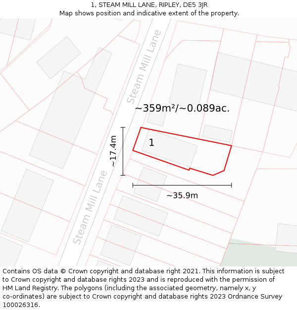 1, STEAM MILL LANE, RIPLEY, DE5 3JR: Plot and title map