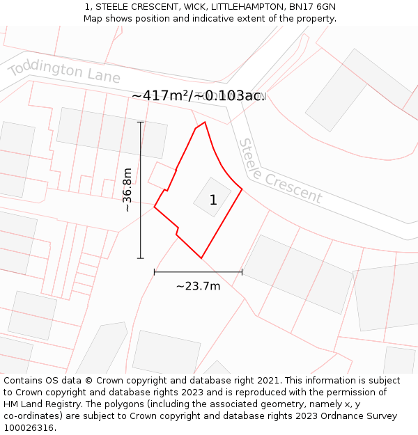 1, STEELE CRESCENT, WICK, LITTLEHAMPTON, BN17 6GN: Plot and title map
