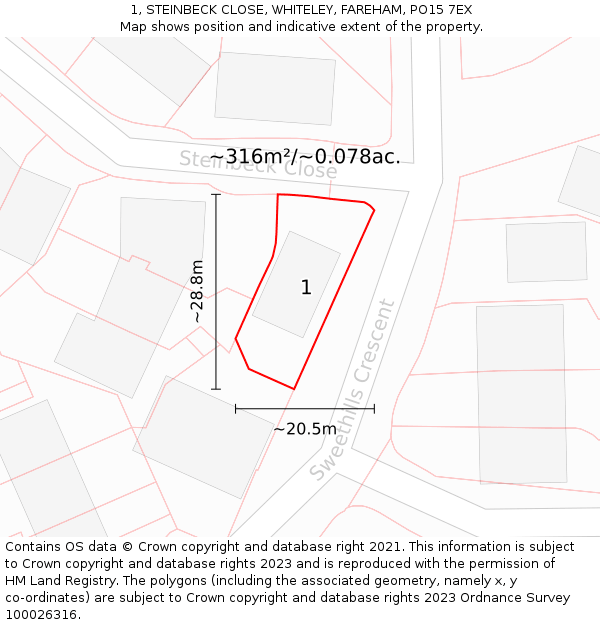 1, STEINBECK CLOSE, WHITELEY, FAREHAM, PO15 7EX: Plot and title map