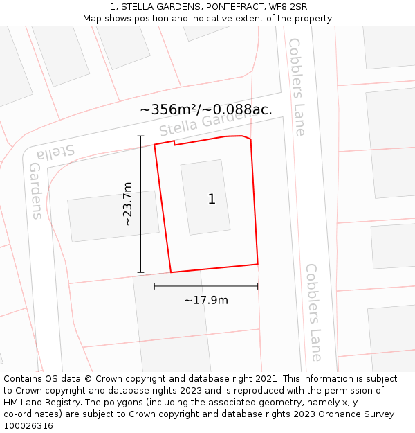1, STELLA GARDENS, PONTEFRACT, WF8 2SR: Plot and title map