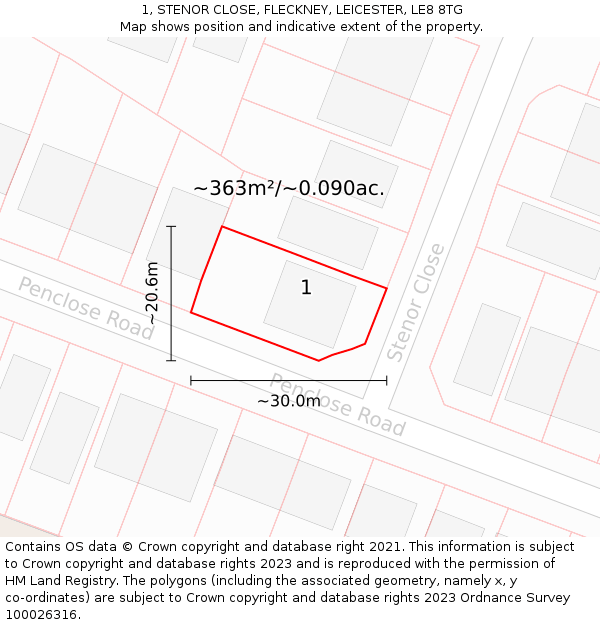 1, STENOR CLOSE, FLECKNEY, LEICESTER, LE8 8TG: Plot and title map