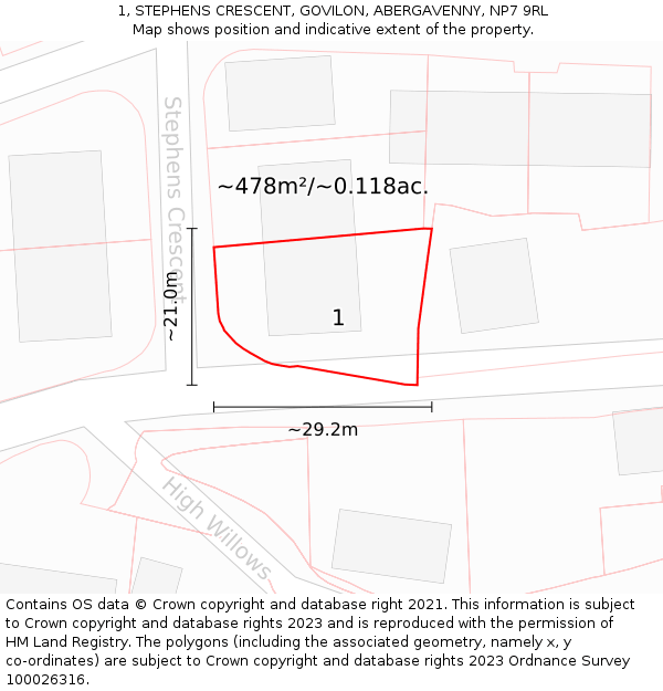 1, STEPHENS CRESCENT, GOVILON, ABERGAVENNY, NP7 9RL: Plot and title map