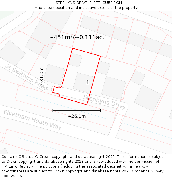 1, STEPHYNS DRIVE, FLEET, GU51 1GN: Plot and title map