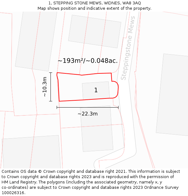 1, STEPPING STONE MEWS, WIDNES, WA8 3AQ: Plot and title map