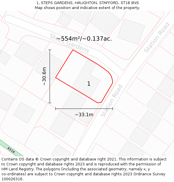 1, STEPS GARDENS, HAUGHTON, STAFFORD, ST18 9NS: Plot and title map
