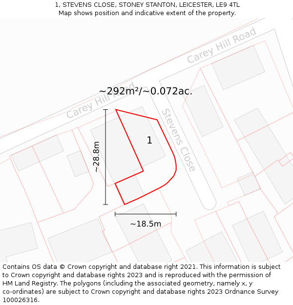 1, STEVENS CLOSE, STONEY STANTON, LEICESTER, LE9 4TL: Plot and title map