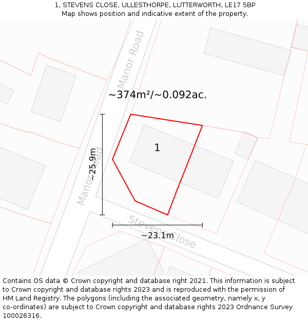 1, STEVENS CLOSE, ULLESTHORPE, LUTTERWORTH, LE17 5BP: Plot and title map