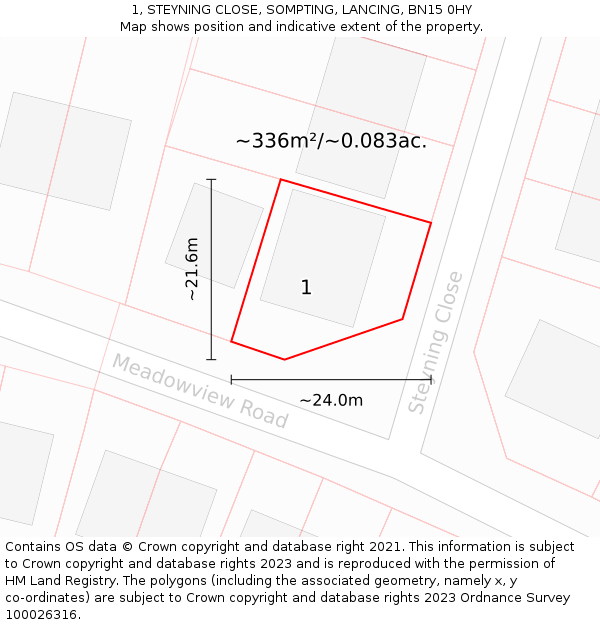 1, STEYNING CLOSE, SOMPTING, LANCING, BN15 0HY: Plot and title map