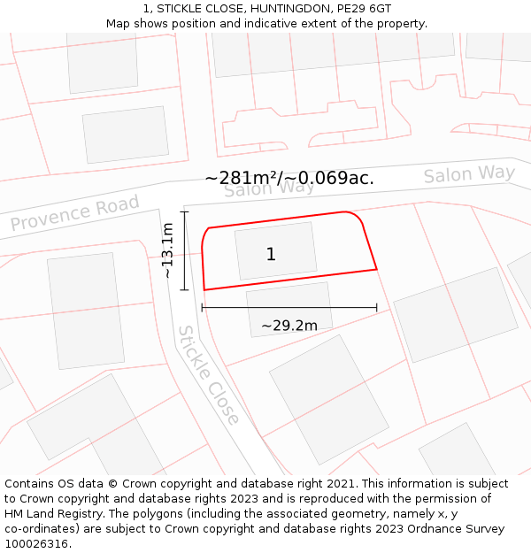 1, STICKLE CLOSE, HUNTINGDON, PE29 6GT: Plot and title map