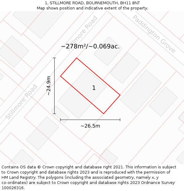 1, STILLMORE ROAD, BOURNEMOUTH, BH11 8NT: Plot and title map