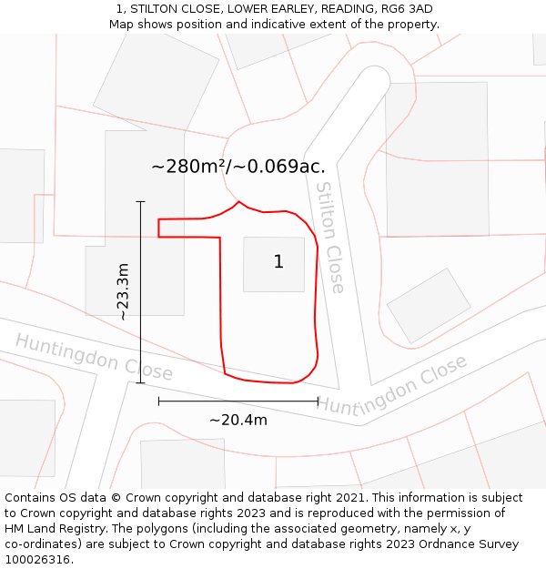 1, STILTON CLOSE, LOWER EARLEY, READING, RG6 3AD: Plot and title map