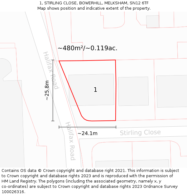 1, STIRLING CLOSE, BOWERHILL, MELKSHAM, SN12 6TF: Plot and title map