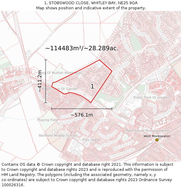 1, STOBSWOOD CLOSE, WHITLEY BAY, NE25 9GA: Plot and title map
