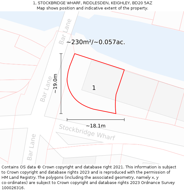 1, STOCKBRIDGE WHARF, RIDDLESDEN, KEIGHLEY, BD20 5AZ: Plot and title map