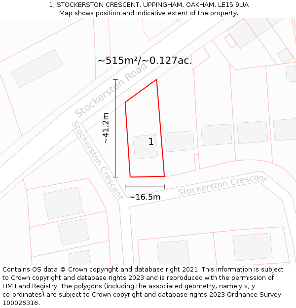 1, STOCKERSTON CRESCENT, UPPINGHAM, OAKHAM, LE15 9UA: Plot and title map