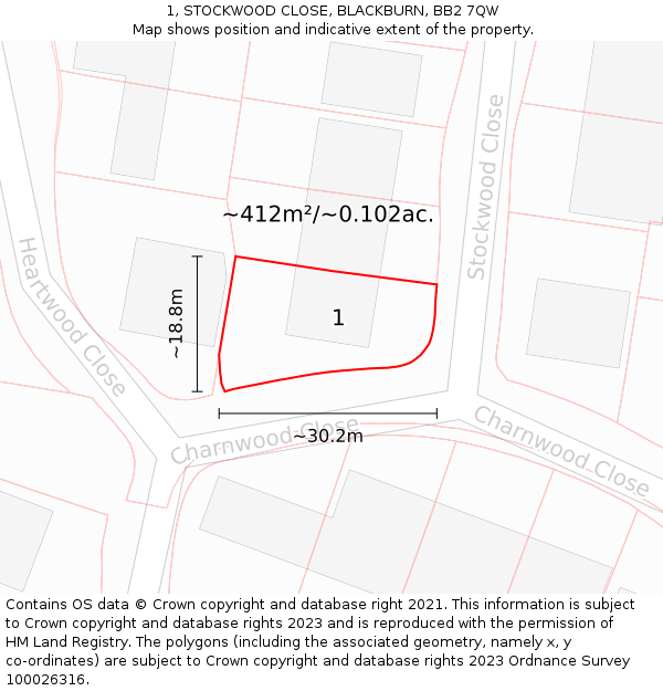 1, STOCKWOOD CLOSE, BLACKBURN, BB2 7QW: Plot and title map