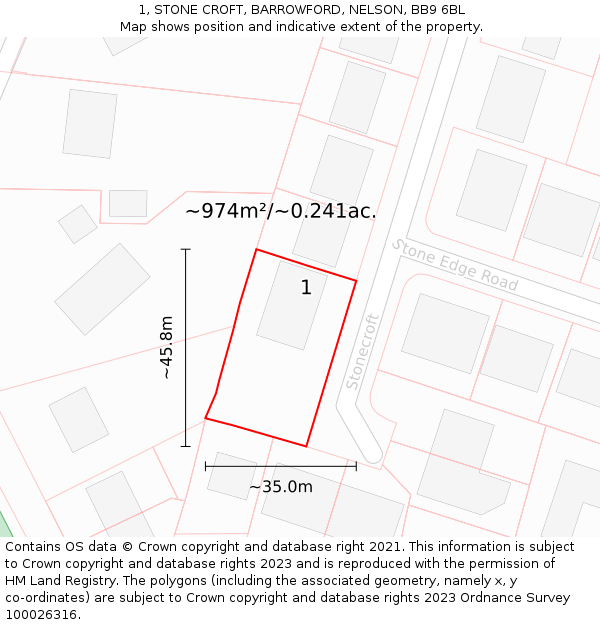 1, STONE CROFT, BARROWFORD, NELSON, BB9 6BL: Plot and title map