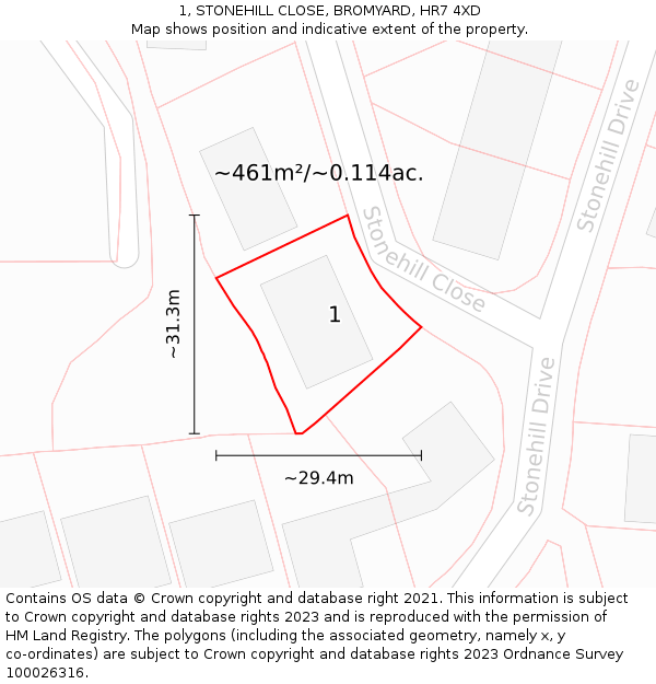 1, STONEHILL CLOSE, BROMYARD, HR7 4XD: Plot and title map