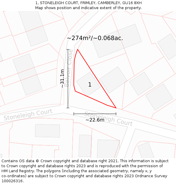 1, STONELEIGH COURT, FRIMLEY, CAMBERLEY, GU16 8XH: Plot and title map