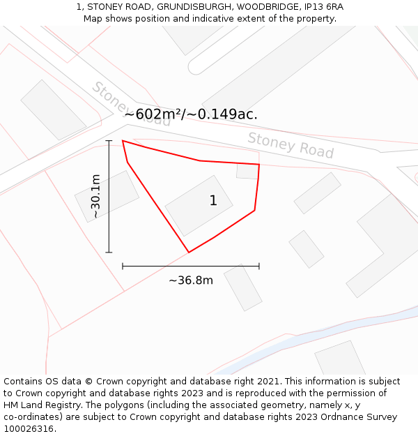 1, STONEY ROAD, GRUNDISBURGH, WOODBRIDGE, IP13 6RA: Plot and title map