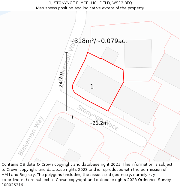 1, STONYNGE PLACE, LICHFIELD, WS13 8FQ: Plot and title map