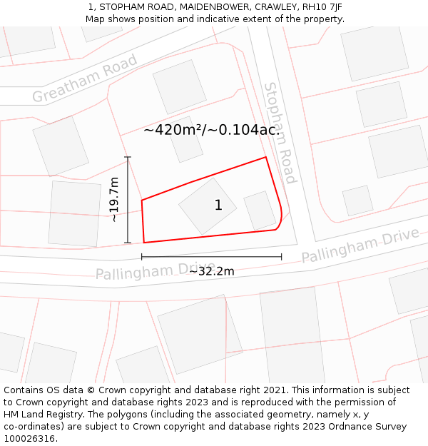 1, STOPHAM ROAD, MAIDENBOWER, CRAWLEY, RH10 7JF: Plot and title map