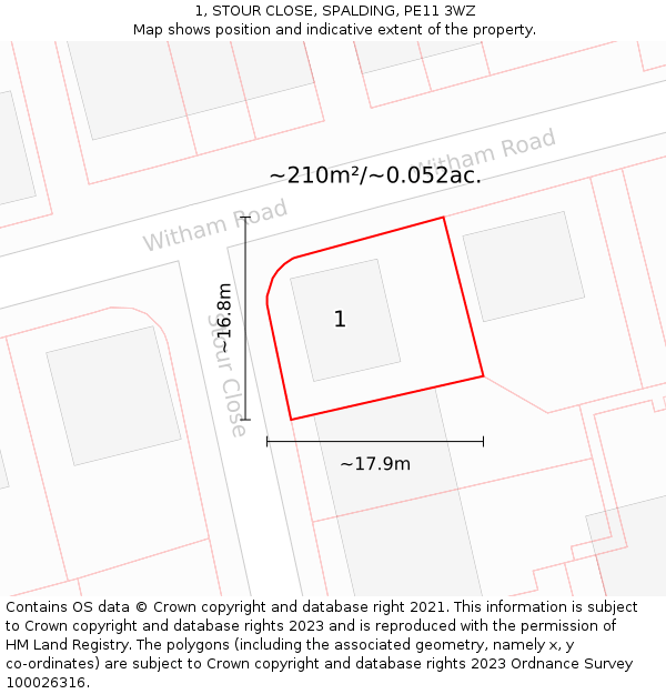 1, STOUR CLOSE, SPALDING, PE11 3WZ: Plot and title map