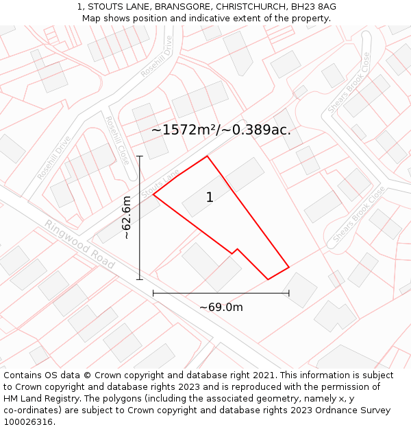 1, STOUTS LANE, BRANSGORE, CHRISTCHURCH, BH23 8AG: Plot and title map
