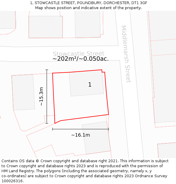 1, STOWCASTLE STREET, POUNDBURY, DORCHESTER, DT1 3GF: Plot and title map